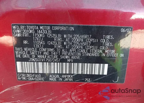 2007 Toyota Rav4 Limited z USA, uszkodzony, nr VIN JTMZD31V175072457